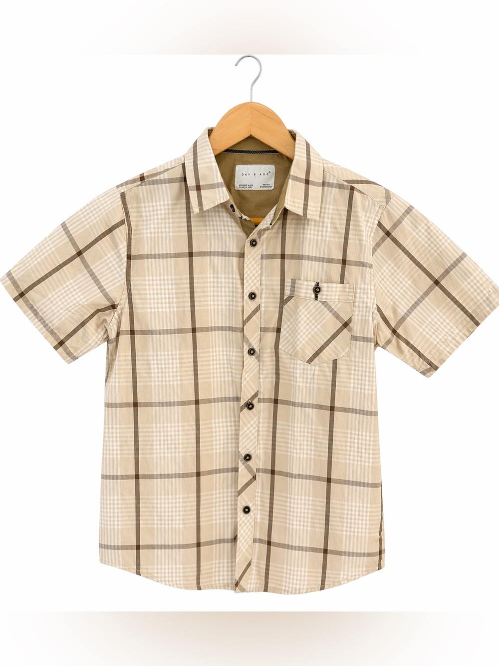 Day & Age Boys Plaid Button Down Shirt Size 10/12 Beige Brown Short Sleeve